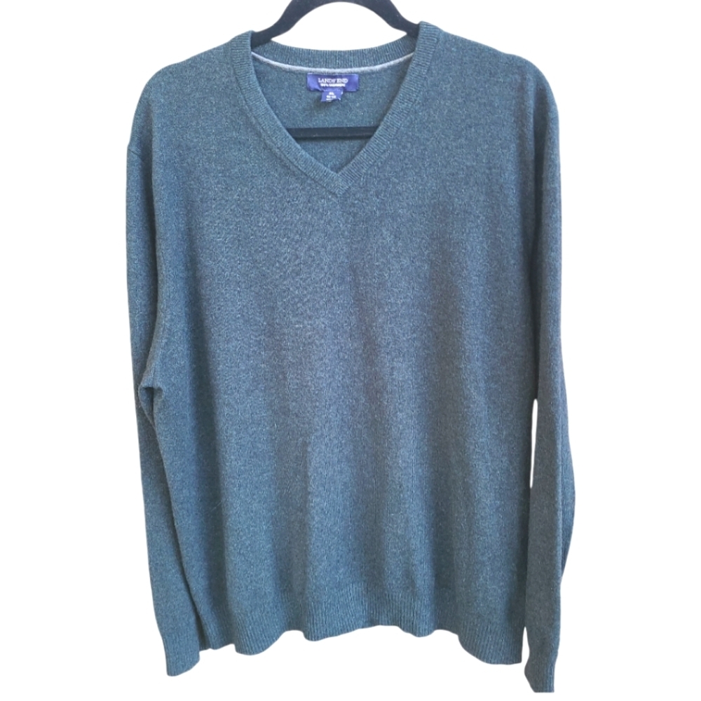 Land's End‎ CASHMERE Green/Blue marled Men's v neck Sweater Size XL